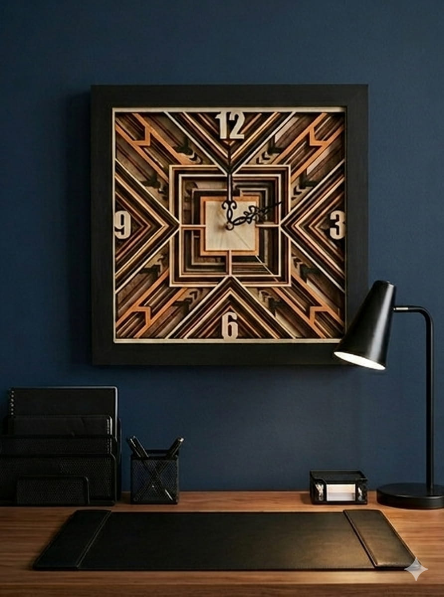 7 layer mahogany mandala wall clock in black shadow box modern geometric wood decor