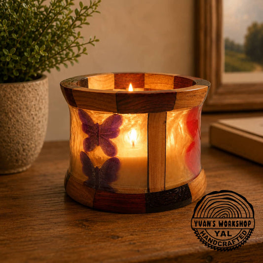 Handcrafted apple wood and off-white yellow epoxy candle holder made in Canada