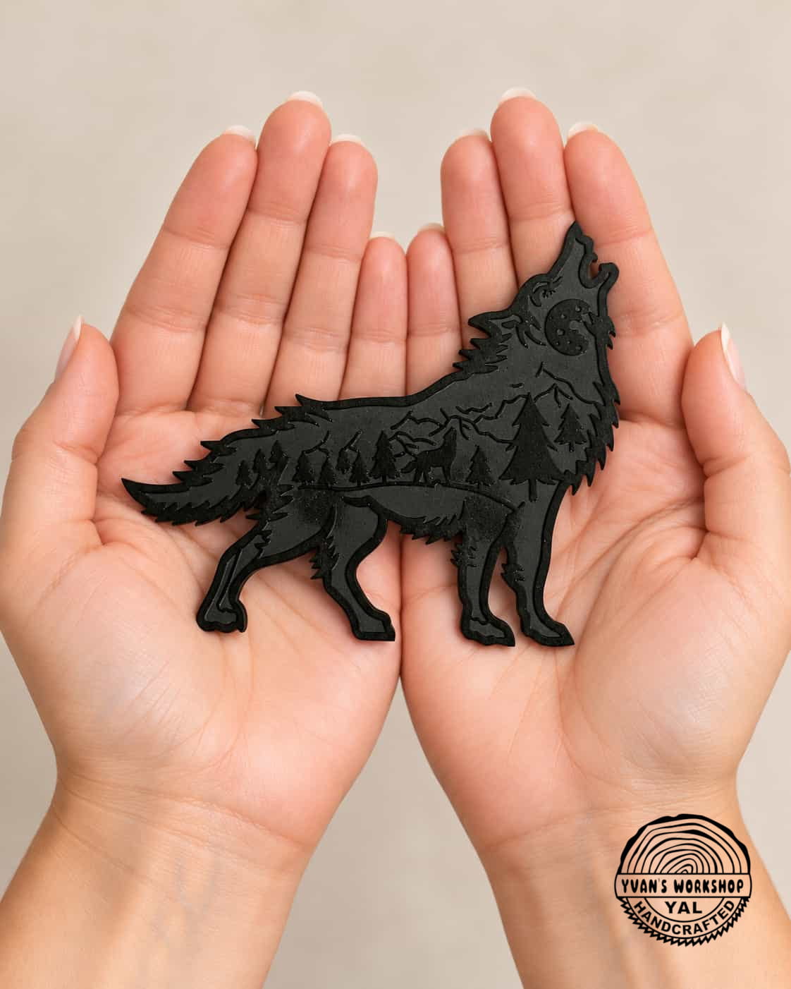 Black howling wolf silhouette with engraved woodland and moon details