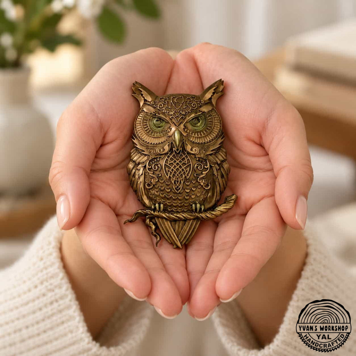  Bronze ornate perched owl ornament shown in cupped hands
