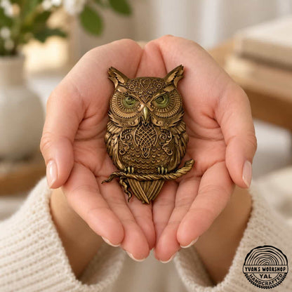  Bronze ornate perched owl ornament shown in cupped hands
