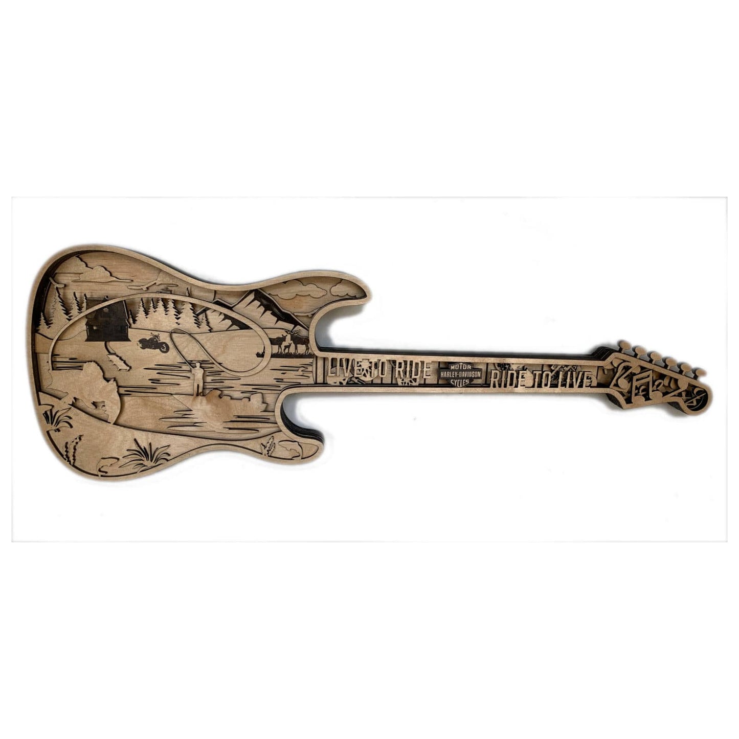 Layered Guitar Wall Art Fishing Scene | 8-Layer Wood Motorcycle Decor 42x16