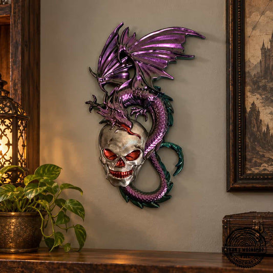 Purple dragon and silver skull wall art displayed in a rec room