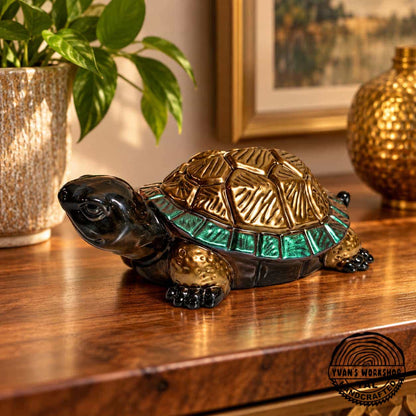 Hand-painted epoxy turtle decor in emerald green & gold resting across two open hands to show its size.