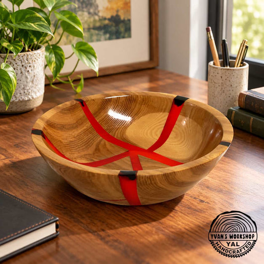 Hand-turned ash bowl with bright red epoxy lines crossing the interior