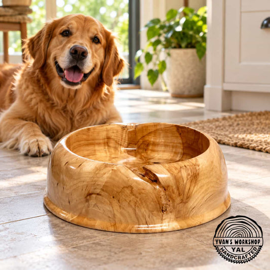 Handcrafted apple wood pet bowl shown with a golden retriever in a bright home setting.