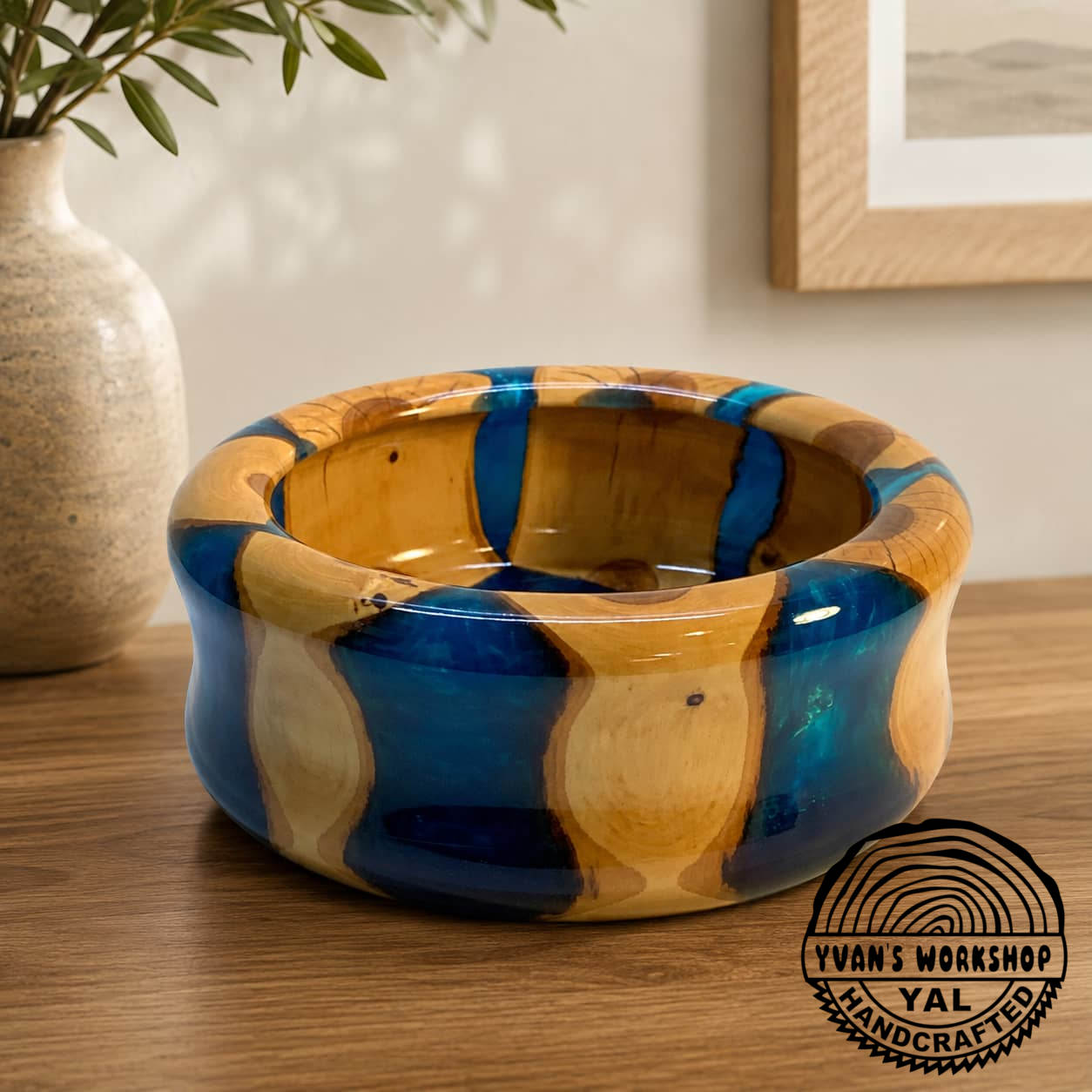 Handcrafted apple wood and blue epoxy bowl made in Canada