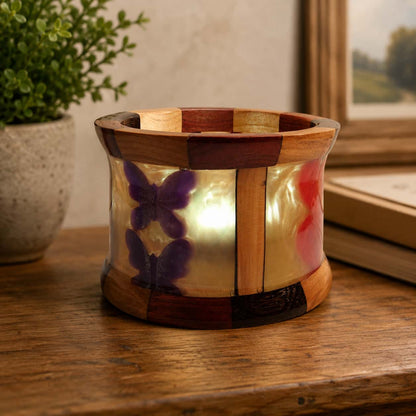 Handcrafted apple wood and off-white yellow epoxy candle holder made in Canada