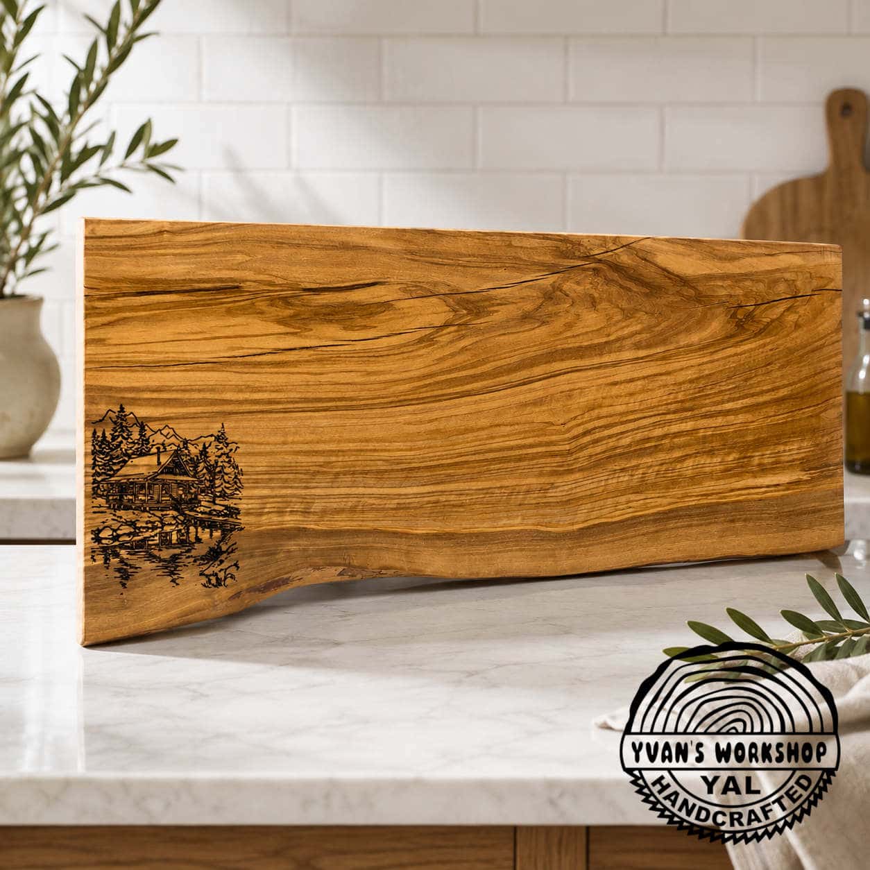 Handmade Olive Wood Cutting Board with Laser-Engraved Cabin Scene