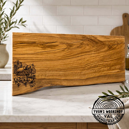 Handmade Olive Wood Cutting Board with Laser-Engraved Cabin Scene