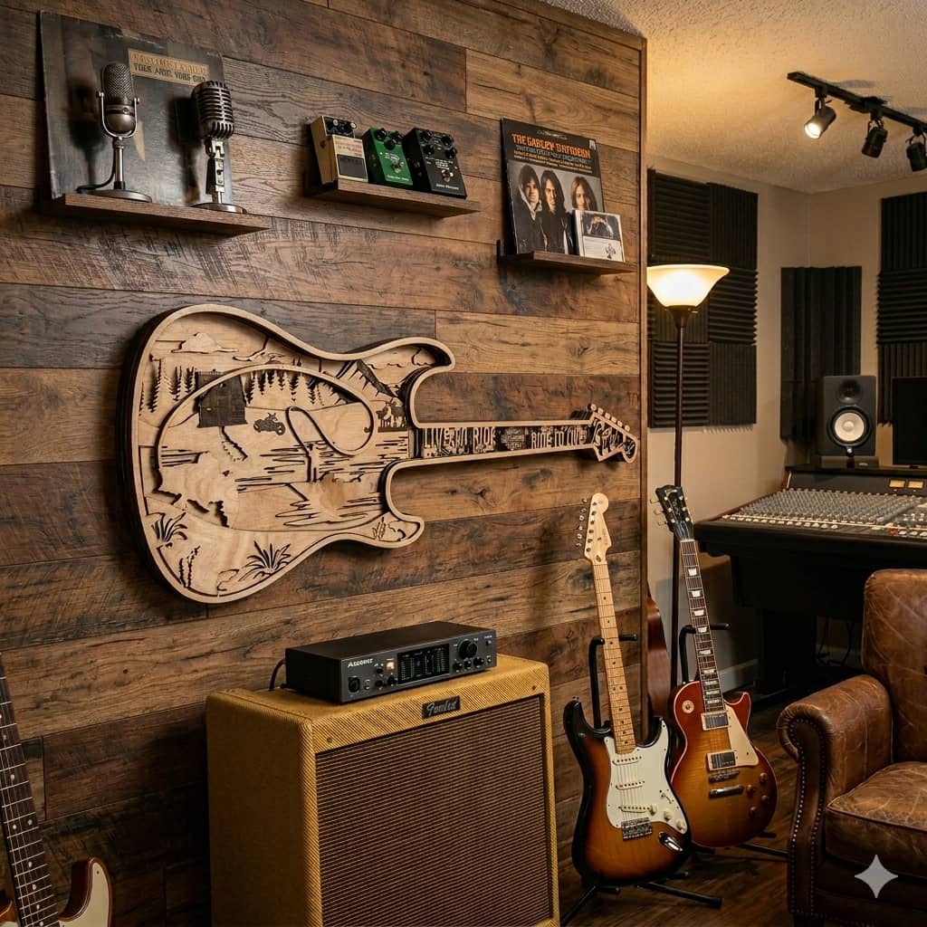 Unique 8-layer wooden guitar wall art featuring fishing and motorcycle scene. Large 42x16 rustic decor perfect for cabins, man caves, and music lovers.