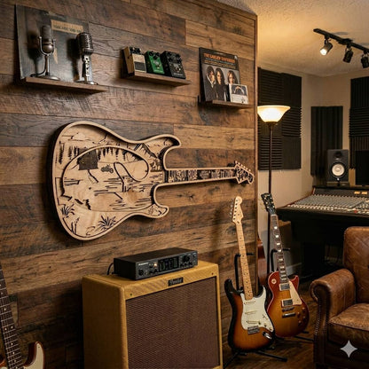 Unique 8-layer wooden guitar wall art featuring fishing and motorcycle scene. Large 42x16 rustic decor perfect for cabins, man caves, and music lovers.
