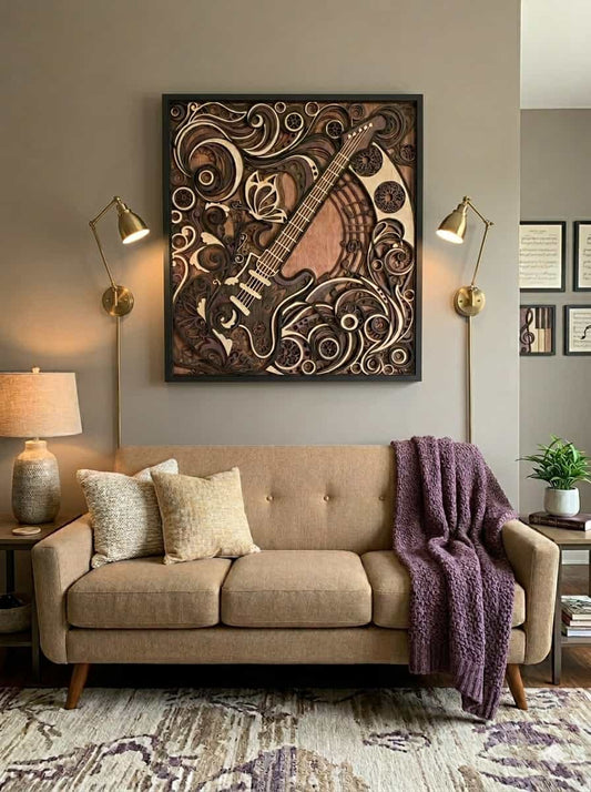 Decorative wall art of a guitar on a wall above a beige sofa with decorative pillows and a purple blanket.