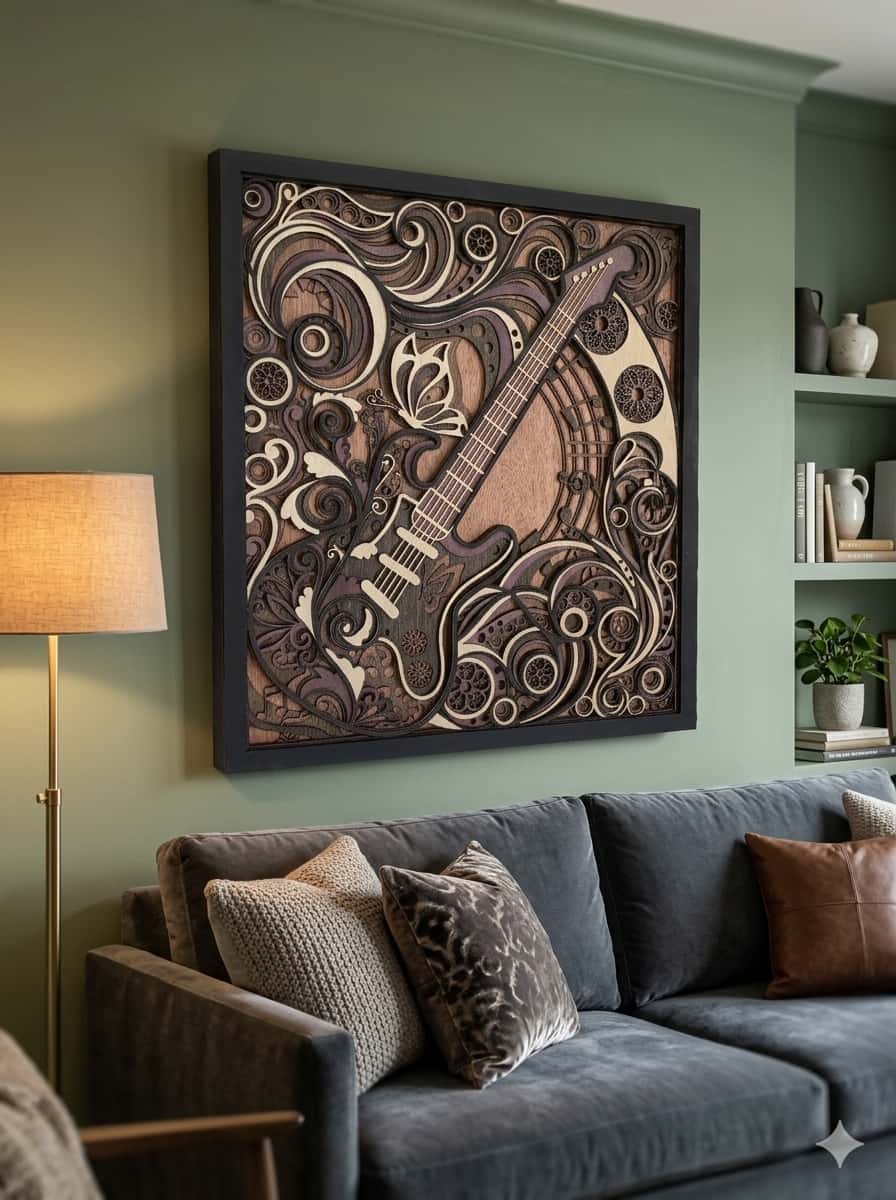 7-layer mahogany electric guitar mandala wall art hanging above couch in modern living room