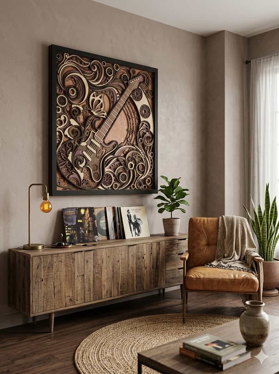 Layered Guitar Wall Art | 7-Layer Mahogany Mandala Electric Guitar Decor 24x30