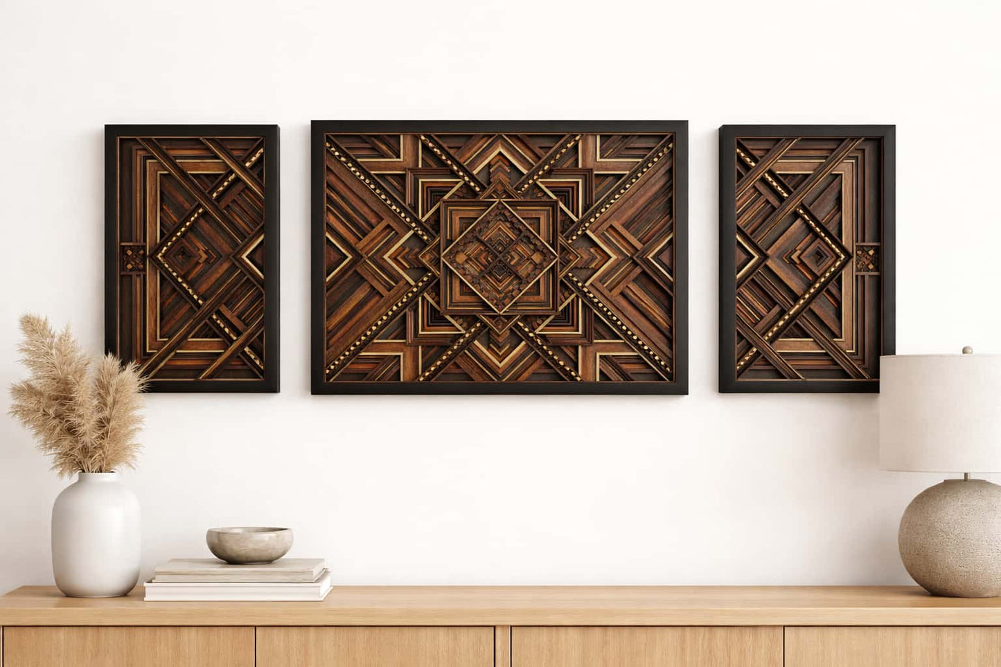 9-Layer Birch Mandala Wall Art Set | 3 Panel Geometric Wood Decor