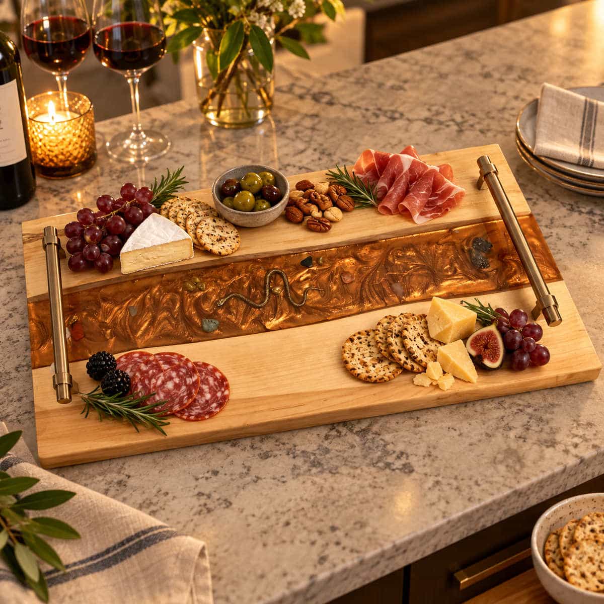 Maple and Copper Epoxy Charcuterie Board with Snake Detail
