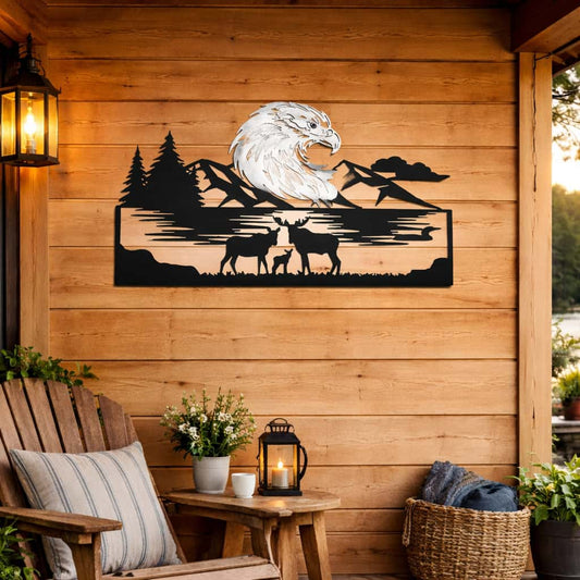Metal Mountain Moose & Eagle Wall Art | Outdoor Black Steel Decor