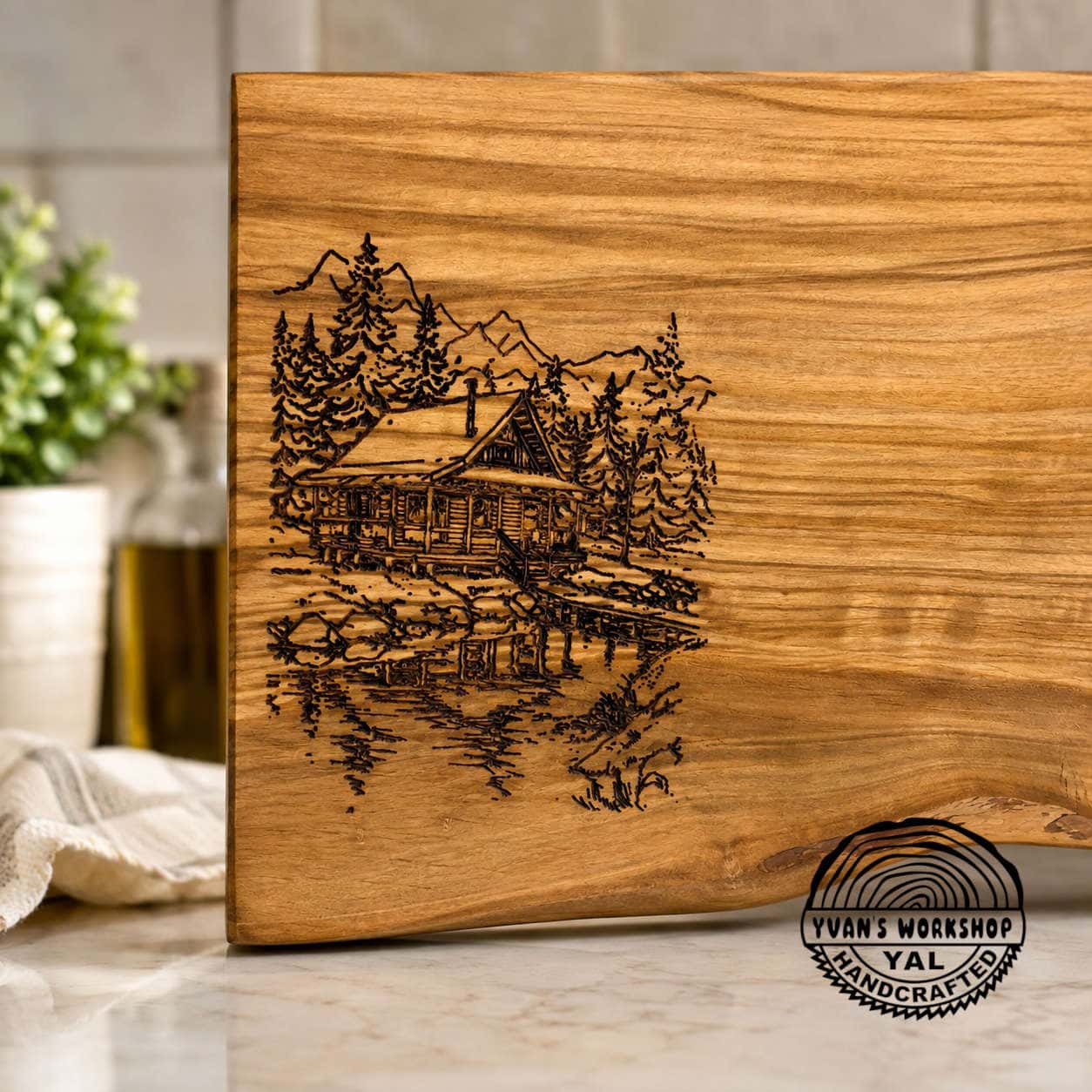 Handmade Olive Wood Cutting Board with Laser-Engraved Cabin Scene