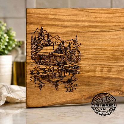 Handmade Olive Wood Cutting Board with Laser-Engraved Cabin Scene