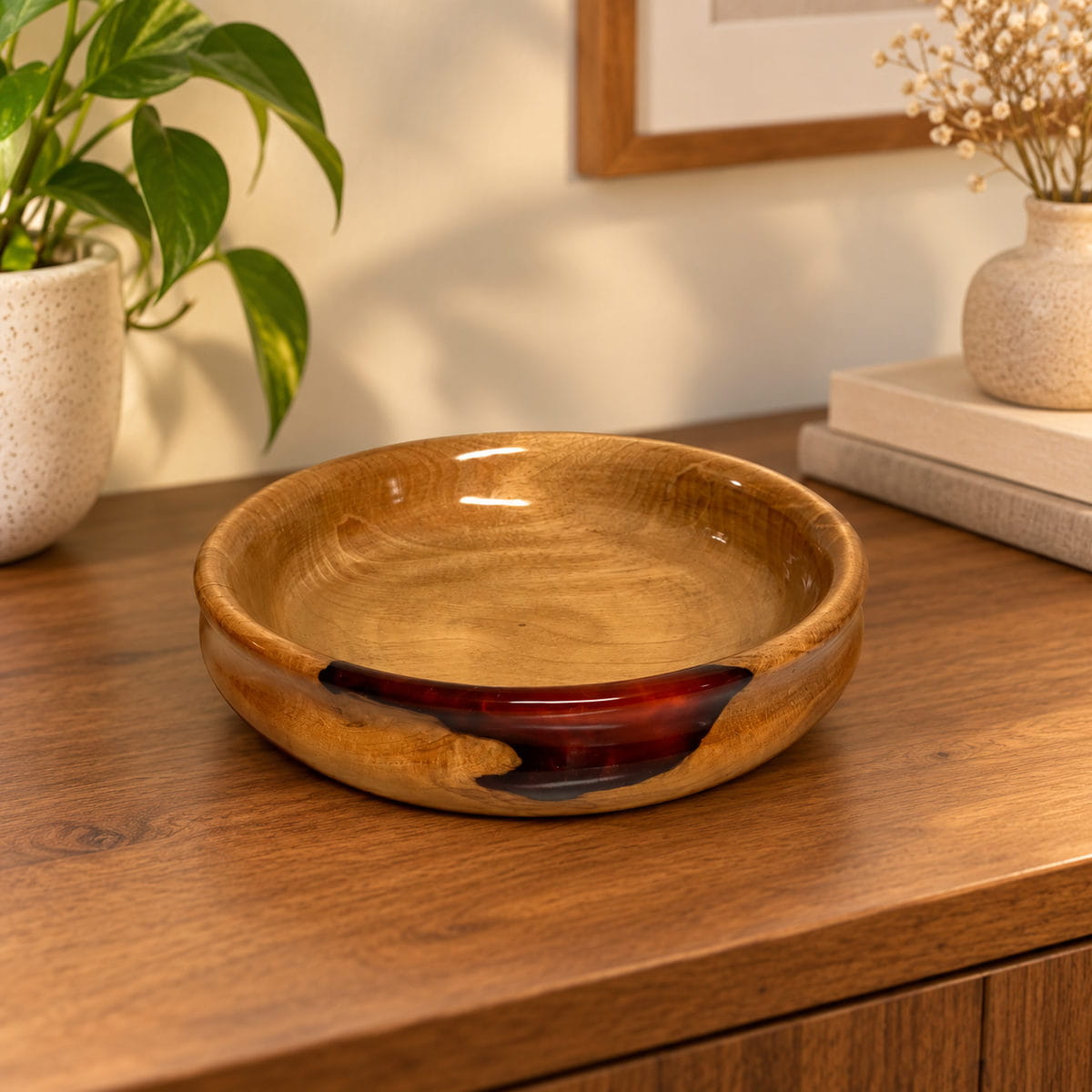 Hand-Turned Shallow Apple Wood and Epoxy Bowl