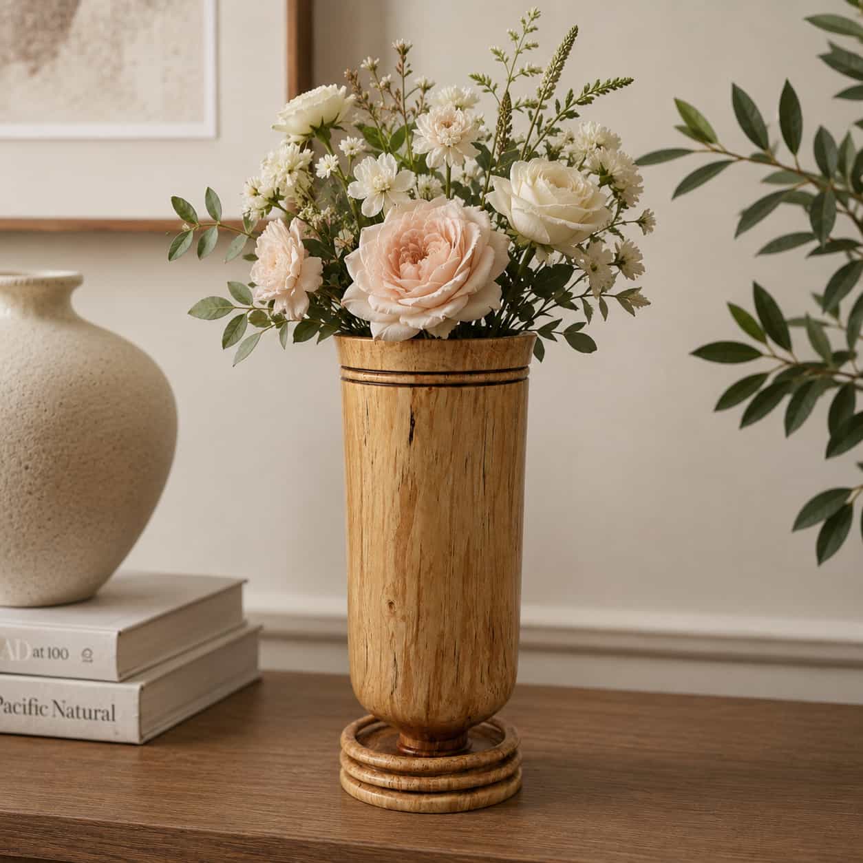 Spalted birch wood vase filled with flowers in a home setting