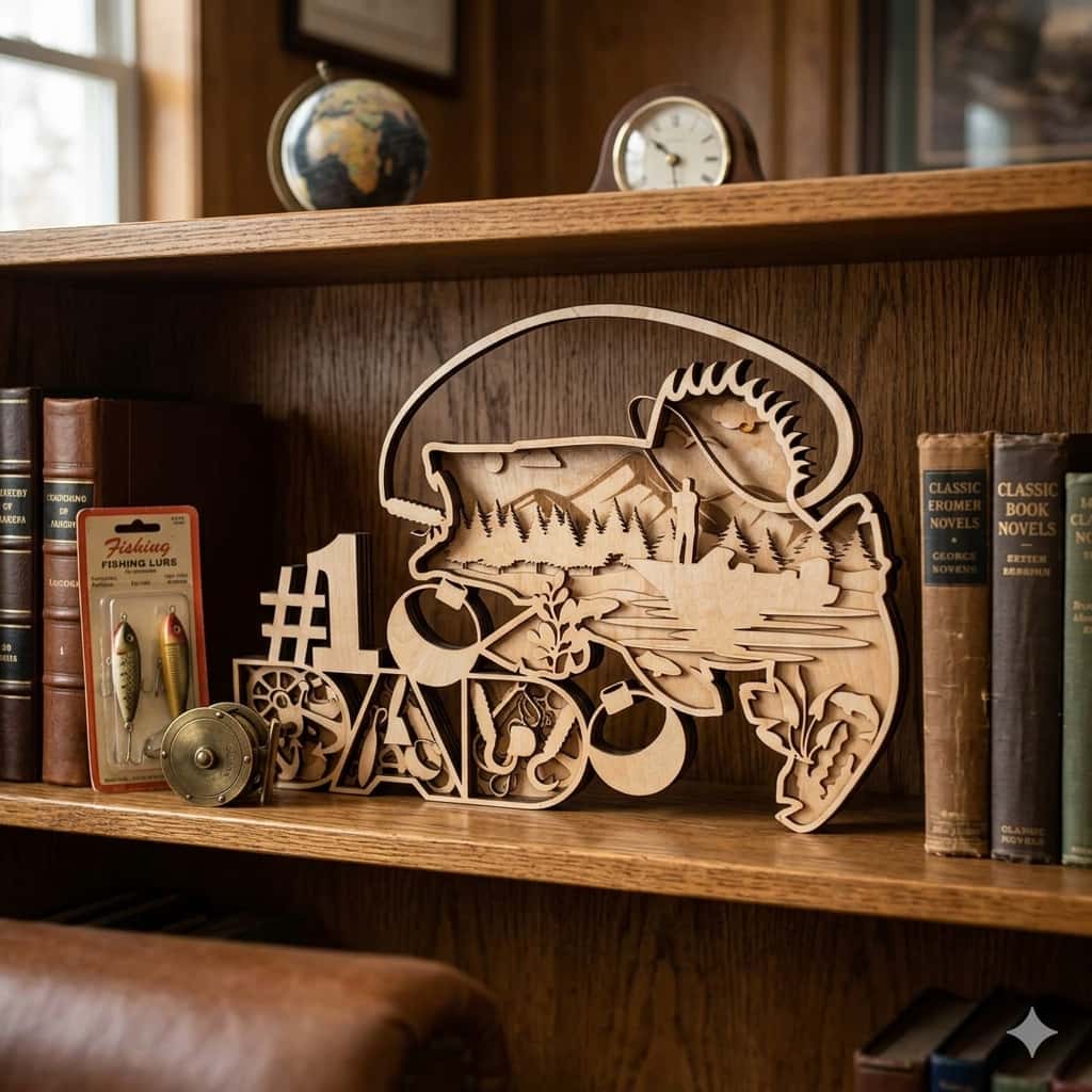 5 layer wooden #1 dad fishing wall art with walleye and fisherman scene laser cut birch decor