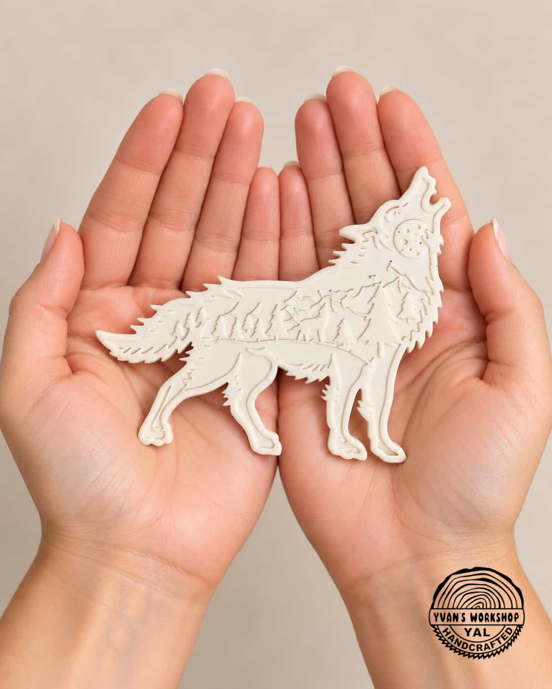 White howling wolf silhouette with engraved woodland and moon details