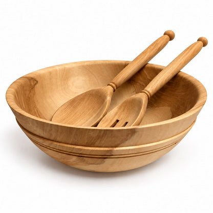 Hand-Turned Birch Wood Salad Bowl with Utensils – 27.9 cm